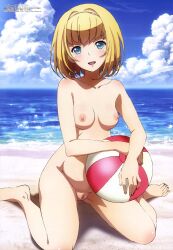 1girl ball beach beachball blonde_hair blue_eyes blush bob_cut breasts female_focus heavy_object highres milinda_brantini nipples nude_filter pregnant pussy sand short_hair small_breasts smile solo third-party_edit