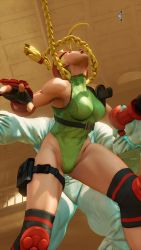 1girl 3d antenna_hair bare_shoulders blonde_hair blue_eyes braid breasts cammy_white covered_navel curvy gloves grabbing_from_behind green_leotard hat highleg highleg_leotard highres large_breasts leotard lips long_hair mask red_gloves red_headwear ryona screencap sexually_suggestive shiny_clothes street_fighter street_fighter_v thighs third-party_edit thong_leotard train_station twin_braids vega_(street_fighter) very_long_hair wide_hips