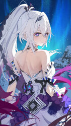 1girl absurdres ai_dongdong back bare_shoulders blue_eyes breasts closed_mouth commentary_request cowboy_shot dress from_behind gradient_hair hair_between_eyes hair_ornament high_ponytail highres honkai_(series) honkai_impact_3rd kiana_kaslana kiana_kaslana_(herrscher_of_finality) long_hair looking_at_viewer looking_back median_furrow medium_breasts multicolored_hair nebula outdoors ponytail purple_hair purple_pupils shoulder_blades side_ahoge sidelocks solo star-shaped_pupils star_(symbol) symbol-shaped_pupils very_long_hair white_dress white_hair