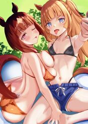 Rule 34 | 2girls, ;p, absurdres, armpits, ass, asymmetrical docking, barefoot, bikini, bikini under shorts, blonde hair, blue eyes, breast press, brown hair, commentary request, espoir city (umamusume), feet, gradient eyes, highres, horse girl, multicolored eyes, multicolored hair, multiple girls, navel, one eye closed, open mouth, pink bikini, red eyes, short hair, side-tie bikini bottom, side ponytail, sitting, stomach, streaked hair, string bikini, swimsuit, tatsumi yashiro, tongue, tongue out, transcend (umamusume), umamusume, v-shaped eyebrows, white hair, yokozuwari