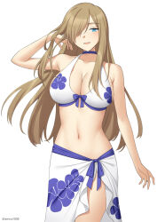 1girl aemu_(august_life) alternate_costume armpit_crease bare_arms bare_shoulders bikini blue_choker breasts brown_hair choker cleavage collarbone commentary commission cowboy_shot english_commentary floral_print floral_print_bikini floral_print_sarong hair_lift hair_over_one_eye halterneck hand_in_own_hair hand_up large_breasts light_blush long_hair looking_at_viewer navel open_mouth print_bikini print_sarong sarong sidelocks solo stomach swimsuit tales_of_(series) tales_of_the_abyss tear_grants twitter_username white_background white_bikini white_sarong