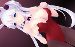 1girl animal_ears blue_eyes breasts cait_aron cleavage fake_animal_ears female_focus large_breasts leotard mabinogi nao_(mabinogi) pantyhose playboy_bunny rabbit_ears silver_hair solo