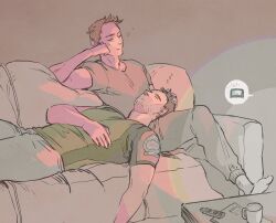 Rule 34 | 2boys, :/, arm across chest, brown hair, chris redfield, closed eyes, closed mouth, coffee mug, commentary, controller, couch, crew neck, crossed legs, cup, elbow rest, english commentary, green shirt, grey pants, grey shirt, hand in another&#039;s hair, head rest, highres, image in speech bubble, lanimalu, lying, male focus, mug, multiple boys, on back, on couch, one eye closed, pants, paper, piers nivans, remote control, resident evil, resident evil 6, shirt, short hair, short sleeves, sitting, sleeping, socks, speech bubble, squeans, sweatpants, white pants, white socks, yaoi, zzz