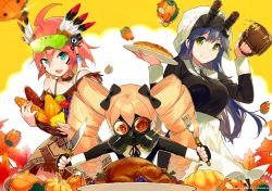 3girls aqua_eyes basket beer_mug black_gloves blonde_hair blue_hair bonnet bow cup dress drill_hair feathers fingerless_gloves fork frag_(trigger) fringe_trim gas_mask gloves green_eyes headdress headgear knife leaf long_hair looking_at_viewer luluco mask mug multiple_girls muzzle_(trigger) native_american native_american_headdress night-vision_device official_art open_mouth plate pumpkin red_hair safety_glasses sasamori_tomoe simple_background sitting smile spring_(trigger) table thanksgiving trigger-chan trigger_(company) turkey_(bird) twin_drills uchuu_patrol_luluco watermark yellow_background