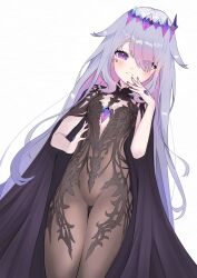 1girl absurdres alternate_costume black_cloak black_dress castellayaki chest_jewel cloak colored_inner_hair dress gem gradient_hair grey_hair hand_jewel headpiece highres hololive hololive_english jewel_under_eye koseki_bijou multicolored_hair pink_hair purple_eyes purple_gemstone simple_background solo virtual_youtuber white_background