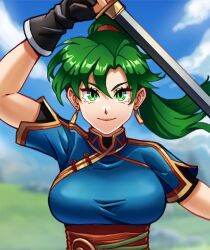 black_gloves blue_dress blue_sky breasts dress earrings fingerless_gloves fire_emblem fire_emblem:_the_blazing_blade gloves green_eyes green_hair hakuramen high_ponytail holding holding_sword holding_weapon jewelry looking_at_viewer lyn_(fire_emblem) nintendo ponytail sky smile sword weapon
