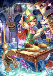 1girl :d accident animal bad_id bad_pixiv_id book bookshelf boots bottle bow bowtie brooch broom bucket bug building butterfly candle candlestand cape copyright_request erlenmeyer_flask fairy female_focus fire fish flask floating floating_object flood flying_paper glass_bottle green_eyes hat high_heel_boots high_heels indoors inkwell insect jewelry looking_at_viewer magic night open_book open_mouth paper portrait_(object) puffy_short_sleeves puffy_sleeves quill red_hair ribbon round-bottom_flask short_hair short_sleeves siro_(asteblanc) sitting smile solo thigh_boots thighhighs wand wariza water waves window witch witch_hat