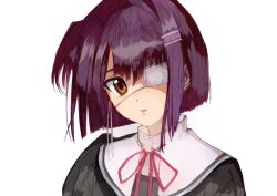 1girl black_dress brown_eyes dress ef_(visual_novel) eyepatch hair_ornament hairclip highres looking_at_viewer open_mouth portrait purple_hair red_ribbon ribbon shindou_chihiro short_hair simple_background solo tobi_mari white_background