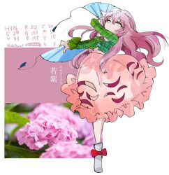 1girl boots border bow bowtie buttons closed_mouth clothing_cutout collared_shirt cross emimi_(emimi_28) floating_hair floral_background flower full_body green_shirt grey_eyes hair_between_eyes hand_fan hands_up hata_no_kokoro highres holding holding_fan long_hair long_sleeves looking_at_viewer outside_border pink_bow pink_bowtie pink_flower pink_hair pink_skirt plaid_clothes plaid_shirt red_bow shirt skirt solo standing star_ornament tassel touhou wavy_hair white_boots white_border