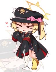 Rule 34 | &gt; &lt;, 1girl, :d, armband, black dress, black hat, blonde hair, blue archive, blush, chibi, chibi only, closed eyes, collared shirt, dress, facing viewer, hair between eyes, halo, hana kazari, hat, heart, highres, ibuki (blue archive), jacket, long hair, long sleeves, neck ribbon, nose blush, open clothes, open jacket, open mouth, peaked cap, pleated dress, red ribbon, revision, ribbon, shirt, simple background, sleeves past fingers, sleeves past wrists, smile, solo, suggestive fluid, trembling, twintails, white background, white shirt, xd, zoom layer