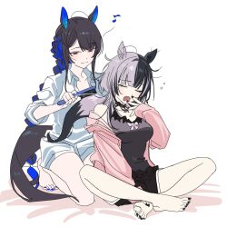 Rule 34 | 2girls, animal ears, black hair, black nails, black tank top, blue hair, blue nails, brushing another&#039;s hair, brushing hair, closed eyes, collared shirt, crossed legs, grey hair, highres, hololive, hololive english, horse ears, horse girl, horse tail, long hair, multicolored hair, multiple girls, musical note, nail polish, nerissa ravencroft, open mouth, red eyes, shiori novella, shirt, split-color hair, spoken musical note, tail, tank top, toenail polish, toenails, two-tone hair, virtual youtuber, white shirt, yawning, yomosaka