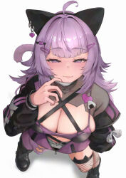 1girl ahoge animal_ear_piercing animal_ears asymmetrical_legwear black_boots black_jacket black_thighhighs blush boots bra breasts cat_ears cat_girl cat_hair_ornament cat_tail cleavage closed_mouth clothing_cutout fishnet_thighhighs fishnets from_above hair_ornament hairclip heart_collar heart_cutout highres hololive huge_breasts jacket long_hair long_sleeves looking_at_viewer mask mask_lift mochiyuki_(gigfor1) mouth_mask navel nekomata_okayu nekomata_okayu_(personya_respect) pink_lips purple_bra purple_eyes purple_hair purple_jacket purple_tail signature simple_background smile solo stomach tail thighhighs thighs underwear virtual_youtuber white_background white_mask