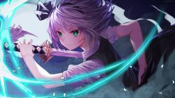 1girl animated black_hairband black_skirt blood cuts fragments glowing green_eyes hairband highres holding holding_sword holding_weapon injury katana konpaku_youmu konpaku_youmu_(ghost) lo-ta looking_ahead looking_away shatter short_hair silver_hair skirt slashing solo sword third-party_edit touhou vest video weapon