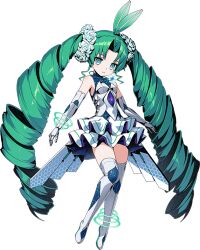 1girl ahoge aqua_eyes artist_request bare_shoulders boots breasts closed_mouth dress drill_hair duel_masters duel_masters_play&#039;s elbow_gloves energy_ring expressionless flower gloves green_hair hair_flower hair_ornament huge_ahoge kiriko_(duel_masters) long_hair multicolored_boots official_art skirt sleeveless sleeveless_dress small_breasts solo standing thigh_boots transparent_background twin_drills very_long_hair white_boots white_dress white_gloves white_skirt
