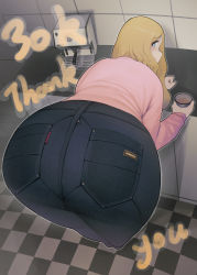 1girl absurdres ass ass_focus bent_over blonde_hair blue_eyes coffee cup denim highres huge_ass jeans long_hair long_sleeves looking_back mmmmmkun original pants solo thank_you