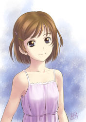 1girl bare_shoulders blue_eyes brown_hair collarbone dress female_focus flat_chest frills gradient_background hair_ornament hairclip looking_at_viewer mcq original short_hair short_twintails sleeveless sleeveless_dress smile solo spaghetti_strap twintails two_side_up upper_body white_background