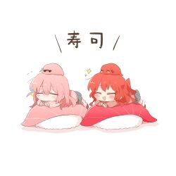 Rule 34 | 2girls, :d, ^ ^, blush stickers, bocchi the rock!, brown sweater, chibi, closed eyes, cube hair ornament, fish (food), flying sweatdrops, food, gotoh hitori, gotoh hitori (tsuchinoko), grey skirt, hair ornament, jacket, kita ikuyo, long hair, long sleeves, mini person, minigirl, multiple girls, nigirizushi, on head, one side up, open mouth, pants, pants under skirt, pink hair, pink jacket, pink pants, pleated skirt, puffy long sleeves, puffy sleeves, rebecca (keinelove), shadow, skirt, sleeves past wrists, smile, sparkle, sushi, sweater, track jacket, track pants, track suit, translation request, turn pale, very long hair