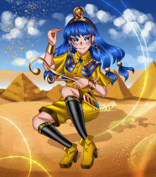 Rule 34 | 1girl, absurdres, artist name, black socks, blue eyes, blue hair, blue sky, bracelet, brown shirt, brown shoes, brown shorts, desert, earrings, gold hairband, hair bobbles, hair ornament, hairband, highres, holding, holding scepter, hoop earrings, jewelry, kneehighs, long hair, looking at viewer, michigami nareko, outdoors, pyramid (structure), sand, scepter, shirt, shoes, short sleeves, shorts, sitting, sky, socks, solo, touhou, usekh collar, winner7xp
