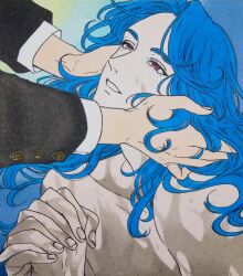 Rule 34 | 1boy, 1other, 59awakadoy, blue hair, collarbone, commentary request, hands on another&#039;s face, highres, interlocked fingers, long sleeves, looking at another, medium hair, nude, original, out of frame, own hands together, parted bangs, purple eyes, smile, traditional media, upper body