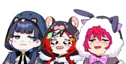 3girls animal_hood black_hair blue_eyes blue_hair blunt_bangs blush bow bowtie chibi chibi_only closed_eyes commentary dasdokter english_commentary fur-trimmed_hood fur_trim hakos_baelz hololive hololive_english hood hood_up irys_(hololive) jitome multicolored_hair multiple_girls open_mouth ouro_kronii pink_bow pink_bowtie pink_hair red_hair simple_background tearing_up two-tone_hair virtual_youtuber wavy_mouth white_background white_hair