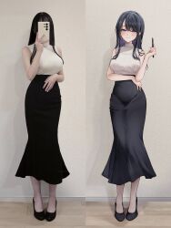 1girl absurdres art_vs_artist black_hair black_skirt breasts commentary_request full_body high-waist_skirt high_heels highres holding holding_stylus large_breasts long_hair long_skirt original pensis_x photo_(medium) purple_eyes real_life reference_inset reference_photo self-portrait shirt skirt sleeveless sleeveless_shirt sleeveless_turtleneck smile stylus taut_clothes taut_skirt turtleneck wooden_floor
