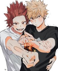 Rule 34 | 2boys, :/, absurdres, arm around waist, bakugou katsuki, blonde hair, boku no hero academia, commentary request, crew neck, depisx, explosion, facial scar, hand on own arm, highres, jewelry, kirishima eijiro, looking at viewer, male focus, multiple boys, open mouth, pointing, red eyes, red hair, ring, sanpaku, scar, scar on cheek, scar on face, sharp teeth, shirt, short sleeves, simple background, smile, t-shirt, teeth, tongue, upper body, white background