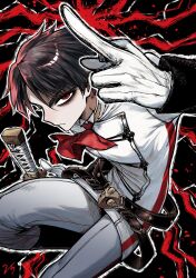 1boy absurdres ace_attorney ascot belt boots brown_belt brown_hair from_above gkt_eo gloves highres jacket katana kazuma_asogi looking_at_viewer male_focus pants red_ascot red_eyes short_hair solo sword the_great_ace_attorney the_great_ace_attorney_2:_resolve weapon white_gloves white_jacket white_pants