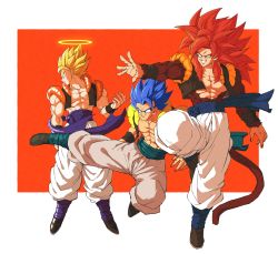 3boys abs bare_pectorals biceps black_footwear blonde_hair blue_eyes blue_hair body_fur brown_fur dragon_ball dragon_ball_gt dragon_ball_super dragon_ball_super_broly dragonball_z fusion fusion_dance gogeta highres male_focus metamoran_vest monkey_boy monkey_tail multiple_boys muscular muscular_male no_nipples orange_background pants pectorals red_fur red_hair relio_db318 spiked_hair super_saiyan super_saiyan_1 super_saiyan_4 super_saiyan_blue tail white_background white_pants