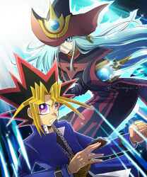 1boy 1girl artist_name black_gloves blonde_hair blue_eyes blue_hair blue_jacket card chain duel_monster gloves hair_over_one_eye haku_yui_(shirayui255) hat holding holding_card holding_staff jacket long_hair millennium_puzzle multicolored_hair muto_yugi purple_eyes silent_magician staff two-tone_hat wizard_hat yu-gi-oh! yu-gi-oh!_duel_monsters