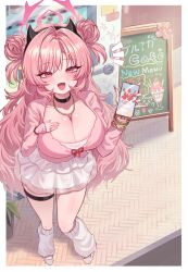 1girl absurdres alternate_costume black_choker black_horns blue_archive blush border bracelet breasts choker cici_(choiyan) cleavage double_bun fake_horns fang from_above gyaru hair_bun halo highres horn_hairband horns jewelry kirara_(blue_archive) large_breasts long_hair looking_at_viewer loose_socks open_mouth pink_eyes pink_hair pink_halo ring skirt socks solo standing thigh_strap very_long_hair white_border white_skirt white_socks