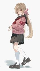 1girl armband black_sailor_collar black_shoes black_skirt brown_hair cardigan full_body hair_ornament higa_(gominami) highres kneehighs loafers long_hair looking_at_viewer low_twintails natori_sana natori_sana_(school_uniform) neckerchief official_alternate_costume pink_cardigan pleated_skirt rabbit_hair_ornament red_armband red_hair red_neckerchief sailor_collar sana_channel shoes simple_background skirt socks solo standing standing_on_one_leg steepled_fingers twintails virtual_youtuber white_background white_socks