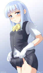 1girl black_vest blouse blue_background blue_eyes blue_hair blush bow bowtie clothes_lift gloves gradient_background hatsukaze_(kancolle) hime_cut kantai_collection lifting_own_clothes lips long_hair looking_at_viewer neckerchief no_panties one-hour_drawing_challenge pleated_skirt ray.s ribbon school_uniform shirt skirt solo twitter_username vest white_gloves white_shirt yellow_bow yellow_bowtie yellow_neckerchief