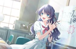 1girl :d blue_dress blue_eyes blue_hair clubroom collarbone day dress dutch_angle flower_hands game_cg hair_intakes hasu_no_sora_school_uniform highres imitating in-universe_location indoors link!_like!_love_live! love_live! mole mole_on_neck murano_sayaka neckerchief non-web_source official_art open_mouth pleated_dress puffy_short_sleeves puffy_sleeves red_neckerchief sailor_collar sailor_dress school_uniform sewing_machine short_sleeves smile solo standing summer_uniform teeth upper_teeth_only v-shaped_eyebrows virtual_youtuber white_sailor_collar whiteboard window