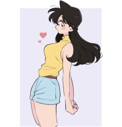 1girl arms_behind_back ba_ko bare_shoulders black_hair blue_shorts border breasts cropped_legs grey_background hair_between_eyes highres light_blush long_hair medium_breasts meitantei_conan mouri_ran parted_lips purple_eyes shirt shorts sleeveless sleeveless_shirt solo spiked_hair white_border yellow_shirt