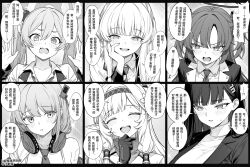 6+girls bandaid bandaid_on_arm blue_archive blush eimi_(blue_archive) gloves greyscale hair_behind_ear hair_between_eyes hair_ornament hairband hairclip hand_on_own_face headphones headphones_around_neck highres himari_(blue_archive) jacket koyuki_(blue_archive) long_hair looking_at_viewer looking_to_the_side monochrome multiple_girls necktie noa_(blue_archive) open_mouth parted_lips pointy_ears rio_(blue_archive) shirt sidelocks sweatdrop teeth turtleneck turtleneck_shirt twintails two_side_up upper_teeth_only yuuka_(blue_archive) zhong_zi_sheliu