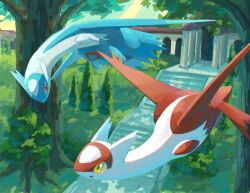 bird_tail flying gen_3_pokemon highres keruasu0629 latias latios legendary_pokemon nintendo no_humans open_mouth outdoors pokemon pokemon_(creature) red_eyes smile tail tree wings yellow_eyes