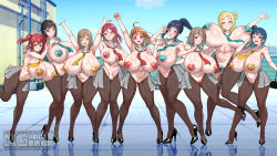 6+girls alternate_breast_size blush breasts cilica high_heels kunikida_hanamaru kurosawa_dia kurosawa_ruby large_breasts looking_at_viewer love_live! love_live!_sunshine!! matsuura_kanan multiple_girls navel nipples ohara_mari outdoors pasties rooftop sakurauchi_riko sky standing takami_chika tsushima_yoshiko watanabe_you watermark