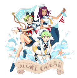 black_hair blue_eyes blush bow braid brown_eyes copyright_name dolphin double_bun dreadlocks ermes_costello foo_fighters_(jojo) green_hair gummy_(puffaluficus) hair_bow hair_bun highres innertube jojo_no_kimyou_na_bouken kuujou_jolyne multicolored_hair overalls purple_hair sailor sailor_collar sand_dollar school_uniform serafuku ship&#039;s_wheel splashing staff starfish stone_ocean string_of_flags swim_ring two-tone_hair water yellow_eyes