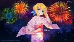 1girl aizawa_hikaru blonde_hair female_focus fireworks highres japanese_clothes kimono microsoft pink_kimono silverlight solo yukata