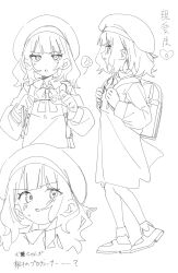 Rule 34 | 1girl, ?, absurdres, backpack, bag, beret, blush, crime prevention buzzer, dress, greyscale, hat, highres, idolmaster, idolmaster million live!, long sleeves, meeeeeeco359, monochrome, multiple views, open mouth, shoes, smile, socks, suou momoko