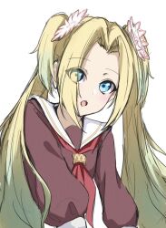 1girl :o aqua_hair blonde_hair blue_eyes brown_dress commentary_request curtained_hair dress eyes_visible_through_hair fang flower gradient_hair hair_flower hair_ornament hasu_no_sora_school_uniform highres link!_like!_love_live! long_sleeves looking_at_viewer love_live! multicolored_hair neckerchief osawa_rurino parted_bangs pink_flower red_neckerchief sailor_collar school_uniform simple_background skin_fang solo tomoe_(tomoe_200) twintails upper_body virtual_youtuber white_background white_sailor_collar winter_uniform