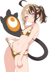 1girl absurdres ahoge ai-assisted blush breasts brown_hair gigi_murin golden_week_bikini gremlin_(mythology) highres holojustice hololive hololive_english huge_ahoge leaning_to_the_side meme_attire midriff multicolored_hair red_eyes simple_background small_breasts solo tail two-tone_hair virtual_youtuber white_background xyerayume