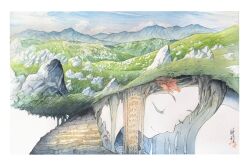 1girl blue_sky border boulder branch cave closed_eyes closed_mouth commentary giant giantess grass head_down highres karst mountain original painting_(medium) plateau real_world_location s.tokimura signature sky smile solo stalactite traditional_media watercolor_(medium) white_border