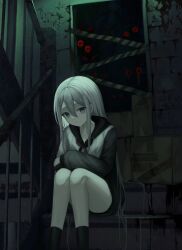1girl absurdres black_sleeves black_socks blue_eyes box cardboard_box closed_mouth commentary_request crossed_arms double-parted_bangs feet_out_of_frame hair_between_eyes highres hood hood_down hoodie horror_(theme) indoors kkamkkam light_frown long_hair looking_at_viewer neckerchief project_sekai railing ringed_eyes single_sidelock sitting sitting_on_stairs socks solo stairs stairwell very_long_hair white_hair white_hoodie yoisaki_kanade