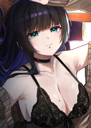 Rule 34 | 1girl, absurdres, arm up, armpits, black bra, black hair, bocchi the rock!, bra, breasts, brown cardigan, cardigan, cleavage, collarbone, colored inner hair, commentary request, ear piercing, green eyes, highres, labret piercing, lace, lace-trimmed bra, lace trim, large breasts, long hair, long sleeves, looking at viewer, multicolored hair, off shoulder, pa-san, parted lips, piercing, purple hair, solo, underwear, yozakurayuyu