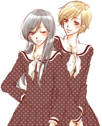 2girls blonde_hair brown_serafuku commentary_request cowboy_shot grey_hair hasekura_rei kaneko_botan long_hair maria-sama_ga_miteru multiple_girls ogasawara_sachiko partial_commentary polka_dot polka_dot_shirt polka_dot_skirt sailor_collar school_uniform serafuku shirt short_hair skirt white_background