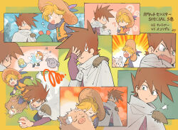 1boy 1girl belt blonde_hair blue_oak brown_belt brown_hair cloak closed_eyes commentary_request creatures_(company) game_freak gen_1_pokemon graveler grey_shirt hat highres holding holding_poke_ball long_sleeves nintendo omanyte orange_tunic parted_lips poke_ball pokemon pokemon_(creature) pokemon_adventures primeape purple_shirt raticate sannomushi shirt short_hair spiked_hair squiggle sweatdrop translation_request tunic yellow_(pokemon)