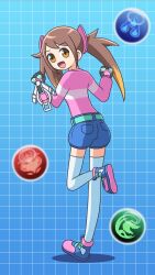 1girl :d belt blue_background blue_shoes blue_shorts blush bracer brass_knuckles brown_hair clenched_hands colored_shoe_soles colored_tips commentary commission drop_shadow fingerless_gloves fire_orb_(p&amp;d) from_behind full_body gloves gradient_background green_belt grid_background hair_ornament high_tops highres horizontal-striped_clothes iroha_(p&amp;d) kato-shun leg_up light_blush long_hair long_sleeves looking_at_viewer looking_back multicolored_hair multicolored_shoes open_mouth orange_eyes orange_hair orb pink_shirt pink_shoes pixiv_commission puzzle_&amp;_dragons puzzle_&amp;_dragons_z shirt shirt_tucked_in shoes short_shorts shorts smile sneakers solo standing standing_on_one_leg thighhighs twintails water_orb_(p&amp;d) weapon white_thighhighs wood_orb_(p&amp;d)
