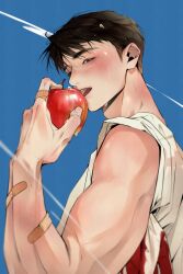1boy absurdres adam&#039;s_apple bandaid bandaid_on_arm biceps body_blush brown_eyes brown_hair doo0boo0 eyes_visible_through_hair food fruit hair_over_eyes highres holding holding_food holding_fruit looking_at_viewer male_focus muscular muscular_male open_mouth original profile shirt short_hair sleeveless sleeveless_shirt solo sweat teeth upper_body white_shirt