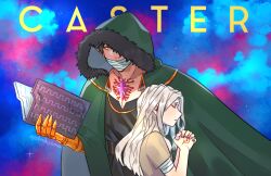 1boy 1girl aged_up bandages bandages_over_mouth black_hair boku_no_hero_academia book cloak closed_eyes command_spell commentary eri_(boku_no_hero_academia) fate_(series) green_cloak grey_hair height_difference holding holding_book hood hooded_cloak overhaul_(boku_no_hero_academia) own_hands_clasped own_hands_together prosthesis signature steohsama yellow_eyes